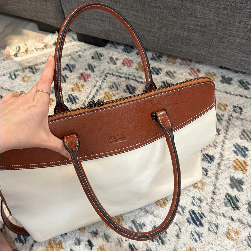 Cluci Leather Briefcase Tote Laptop Bag Brown Cream Work Satchel Structured
